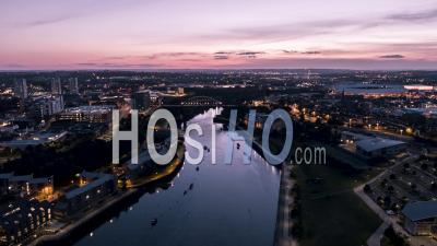 Establishing Aerial View Of Sunderland, Sunset, United Kingdom - Video Drone Footage
