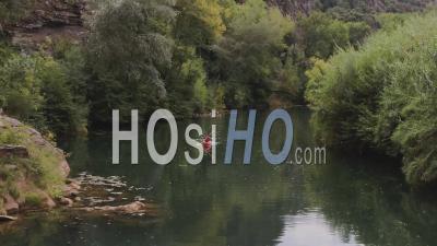Man Kayaking On River Argens In Provence – Drone Pont Of View