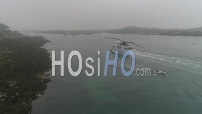 Shuttle Boat Jolie France Arrives In Chausey, In The Manche's Sea Near Granville, Normandy, France. Video Drone Footage