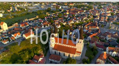 Aerial View, St Maria Cathedral During Sunset In The City Of Visby, Sweden - Video Drone Footage
