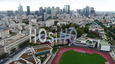 Aerial View Of Courbevoie And La Defense District - Video Drone Footage