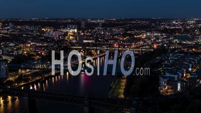 Aerial View Of Newcastle Upon Tyne At Night, England, Great Britain - Video Drone Footage