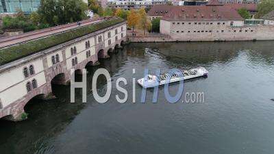Tourist Boat On Ill River At Vauban Dam,Strasbourg - Video Drone Footage