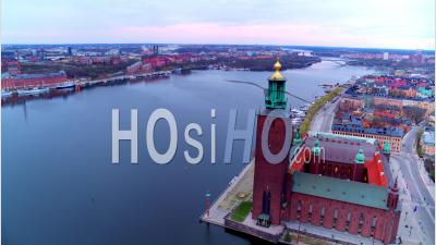 The Beautiful Stockholm City Hall Next To The Water, Sweden - Video Drone Footage