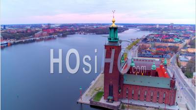 The Beautiful Building, Stockholm City Hall That Lays On The Side Of Riddarfjarden, Stockholm Sweden - Video Drone Footage
