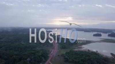 Aerial View In The Amazon Rainforest, With Dirt Road Alongside Lake