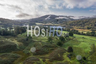 Aerial View Over Great Langdale Valley At Sunrise In Lake District - Aerial Photography