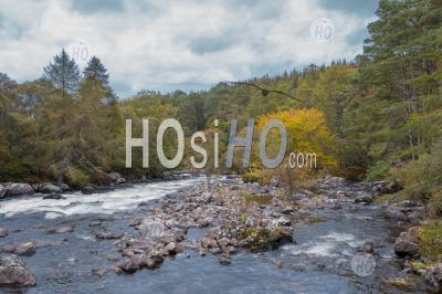 Drone Shoot Over River In Highlands At Autumn - Aerial Photography