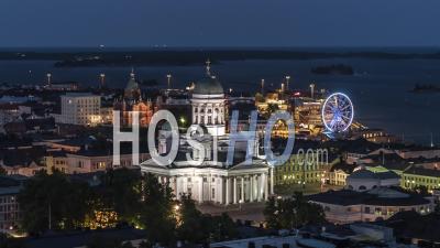 Establishing Aerial View Of Helsinki At Night, Helsinki Cathedral, Finland - Video Drone Footage