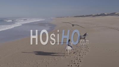 Horse Rider Woman And A Second Horse Waiting On A Deserted Beach - Aerial Video By Drone