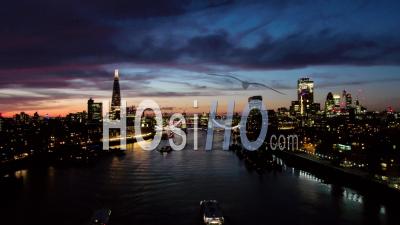 City Of London Skyline And Tower Bridge At Dusk - Video Drone Footage