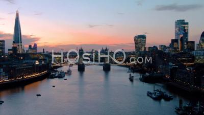 The Shard And Tower Bridge In London, At Sunset - Video Drone Footage