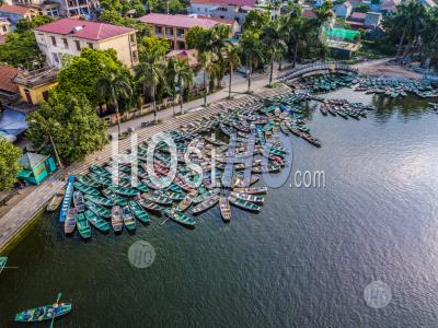 Aerial Panoramic View Port Of Rowing Boats At Hoa Lu , Tam Coc , Vietnam - Aerial Photography