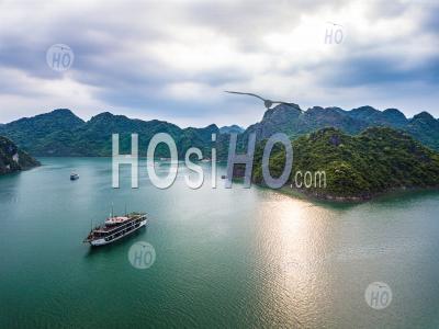 Panoramic View Of Lan Ha Bay With Cruise Ship And Mountain , Vietnam - Aerial Photography
