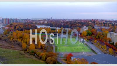 Aerial View Over Soccer Field In Central Stockholm, Sweden - Video Drone Footage
