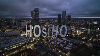 Establishing Aerial View Shot Of Manchester England United Kingdom Night - Video Drone Footage