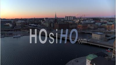 Nightfall Over Central Stockholm, Sweden - Video Drone Footage