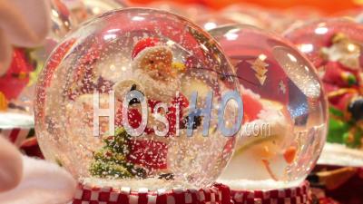 Row Of Small Snow Globes Santa Claus Sold In Christmas Market, Paris