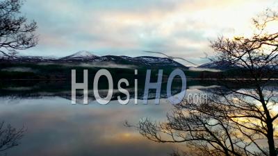 Sunset Over Lake Morlich And Cairngorms, Aviemore, Scotland, Video Drone Footage