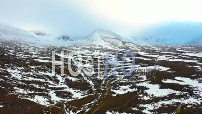 Cairngorm Mountains In Snow And Low Cloud, Aviemore, Scotland, Video Drone Footage