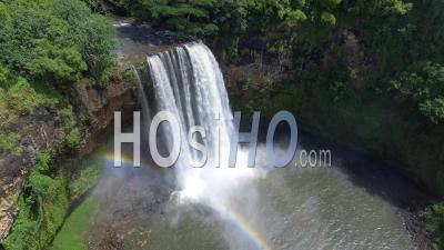 Wailua Falls Waterfall In The Morning, Kauai, Hawaii - Video Drone Footage