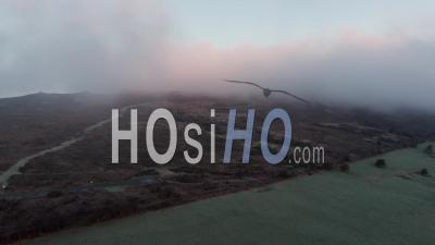 Moorland Capped In Frosty Fog At Autumn - Video Drone Footage