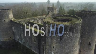 Aerial View Of Villandraut Medieval Fortified Castle In Winter - Aerial Video By Drone 