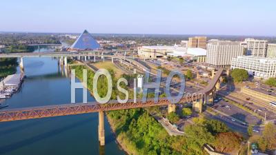 Memphis Tennessee Waterfront And Mud Island With Memphis Pyramid Background - Aerial Video By Drone