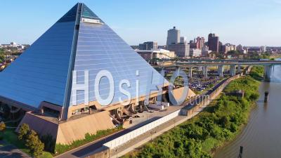 The Memphis Pyramid And Downtown Business District Of Memphis, Tennessee Is Background - Aerial Video By Drone