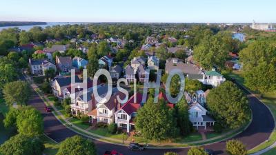 Generic Upscale Neighborhood With Houses And Duplexes In A Suburban Region Of Memphis Tennessee, Mud Island - Aerial Video By Drone