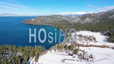 2020- Winter Snow Aerial Video Over Glenbrook, Nevada Community, Ranch Houses On The Shores Of Lake Tahoe Nevada - Video Drone Footage