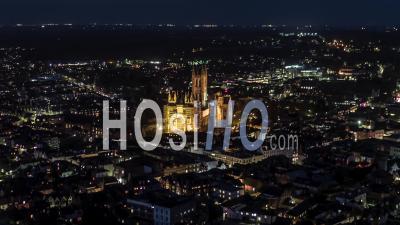 Historic Canterbury, Kent, United Kingdom, Unesco World Heritage Site At Night Evening - Video Drone Footage