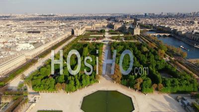 Louvre Museum, Pyramid And Tuileries Garden During The Quarantine Of Paris, Wide Angle, Seen By Drone