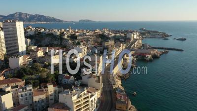 Catalans, Cornice At Dusk In Marseille City At Day 26 Of Covid-19 Confinement, France - Video Drone Footage