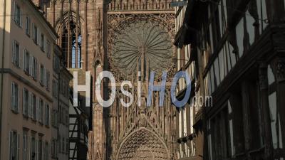 Empty City Of Strasbourg During Lockdown Due To Covid-19 - Cathedral Rosette - Video Drone Footage