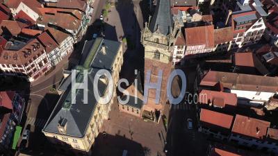 Empty City Of Obernai During Lockdown Due To Covid-19 - Beffroi - Market Place - Video Drone Footage