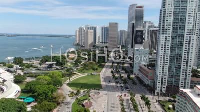 Covid-19 Aerial Footage Of Bayfront Park And Biscayne Blvd, Downtown Miami - Video Drone Footage