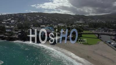 Covid-19-Empty Touristic Beach Of Roches Noires At Saint Paul, Reunion Island - Video Drone Footage