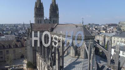 Cathedral And The Place Saint-Corentin Of Quimper At Day 25 Of Covid-19 Lockdown - Video Drone Footage