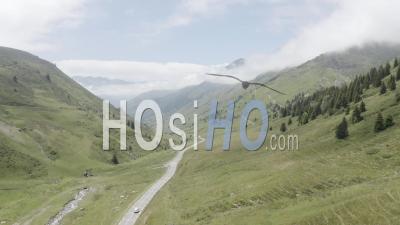 Mountain Pass With With Lonely Car Viewed By Drone