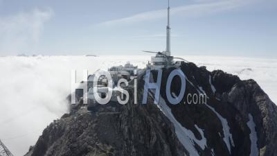 Shot Going Away In The Axe Of Pic Du Midi Above Cloud Sea Viewed By Drone