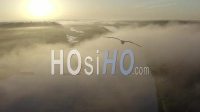 Champtoceaux France Loire Atlantique Loire Morning Fog River Sunrise- Video Drone Footage