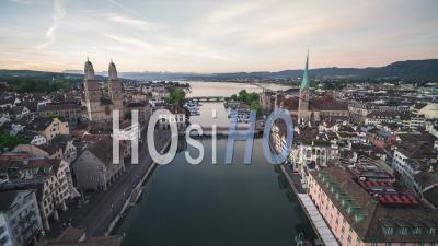 Aerial View Shot Of Zurich, Wide Establishing, Old Town, Switzerland - Video Drone Footage