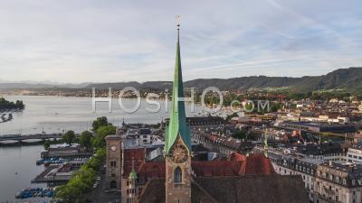 Beautiful Fraumunster, Aerial View Shot Of Zurich, Switzerland - Video Drone Footage