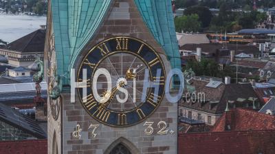 Aerial View Shot Of Zurich, Amazing Fraumunster Clock, Switzerland - Video Drone Footage