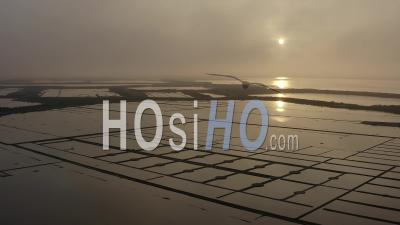 Guerande Loire Atlantique France Fog Misty Sunrise Salt Marshes Salin - Video Drone Footage