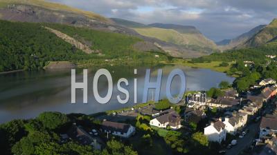 Majestic View Of The Llyn Padarn Lake And The Mountains Of Snowdonia Wales In Uk - Video Drone Footage