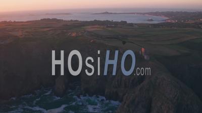 Guernsey, German Observation Tower From World War Two At Sunset, Channel Islands, Uk. Aerial Drone View