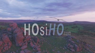British Countryside Landscape In Dartmoor National Park At Sunrise, Devon, England, Uk. Aerial Drone View