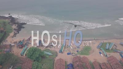 Fishing Village On Indian Ocean Near Varkala, India. Aerial Drone View
